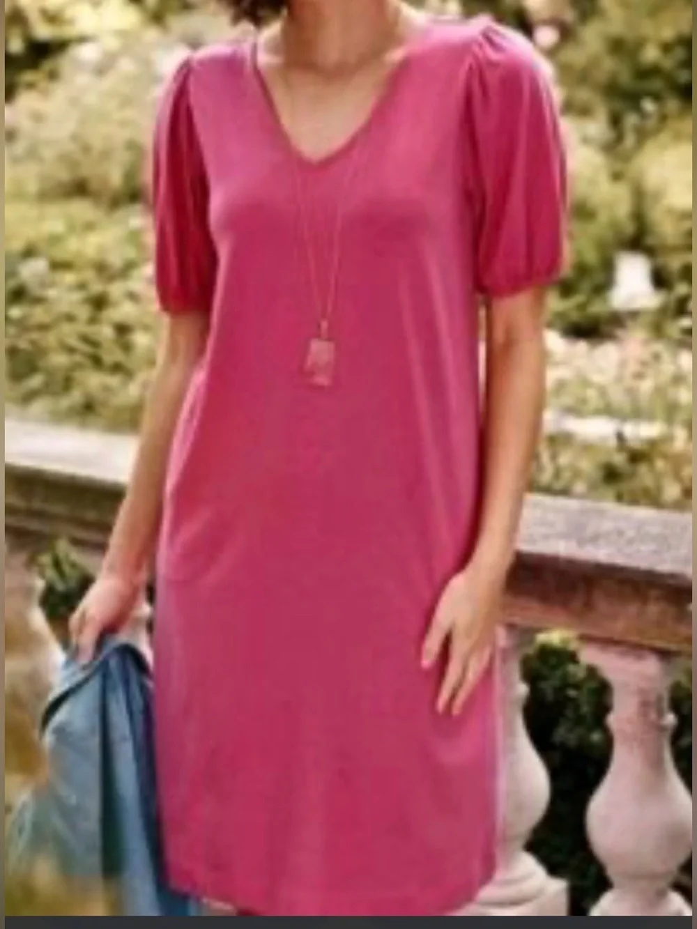 J. Jill Modal Knit Shift Dress Pockets Large V Neck Puffed Sleeve Hot Pink Beach